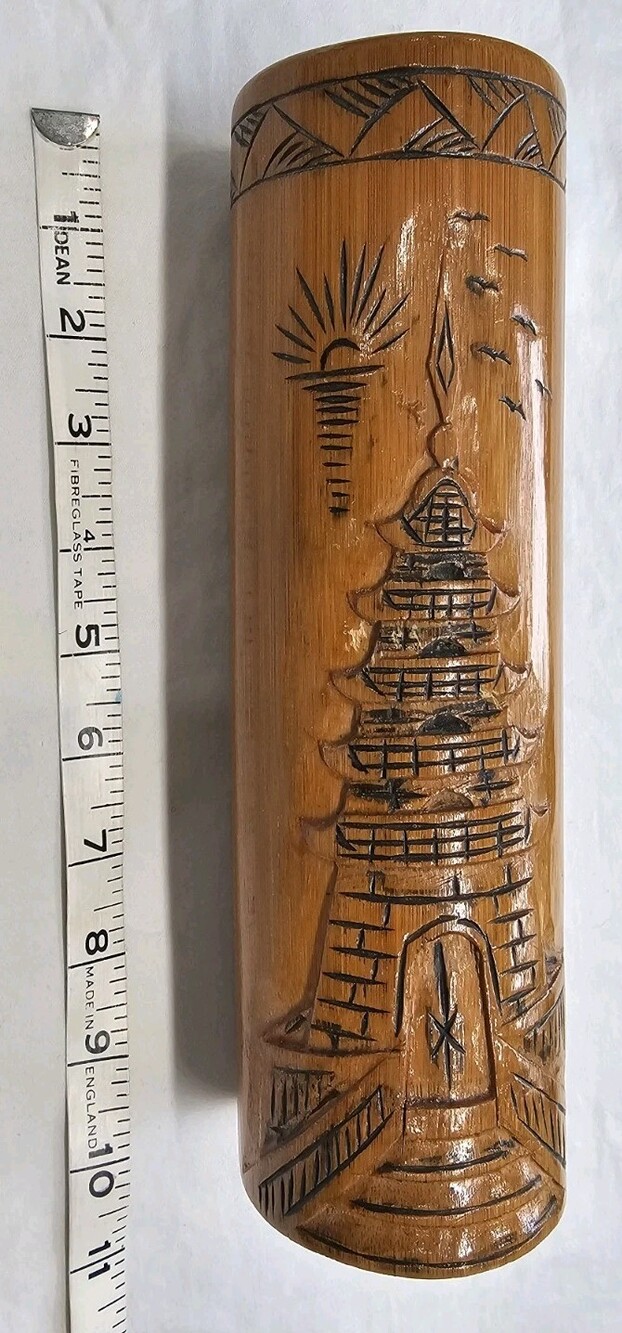Vintage Hand Carved Bamboo Vase Brush Pot Asian Pagoda Temple Scene Birds
